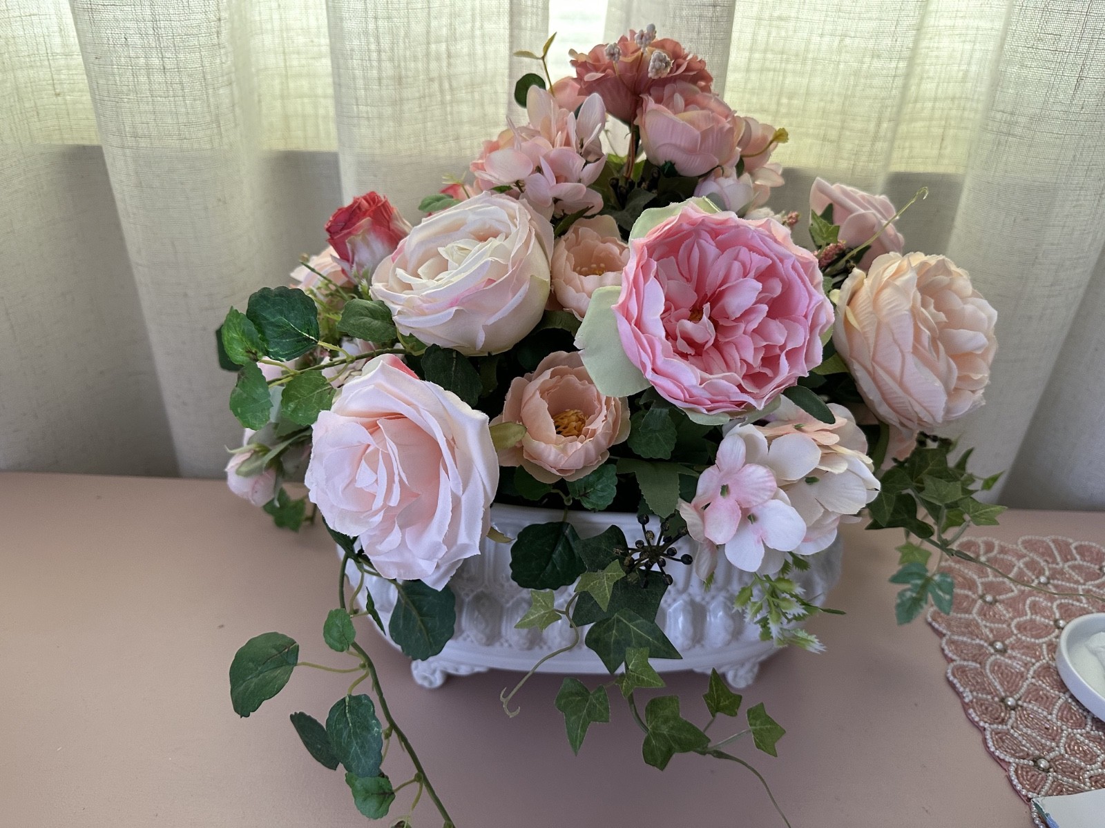 New Handmade Luxury Pink Peony Silk Floral Arrangement in oval ceramic bowl New