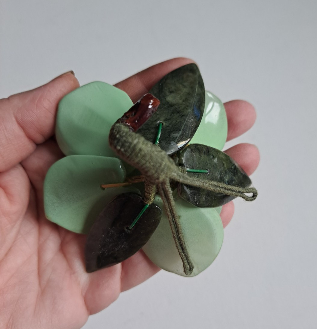 Vintage Chinese Hand Carved Jade Lotus Green Stone Flower Cluster Decor
