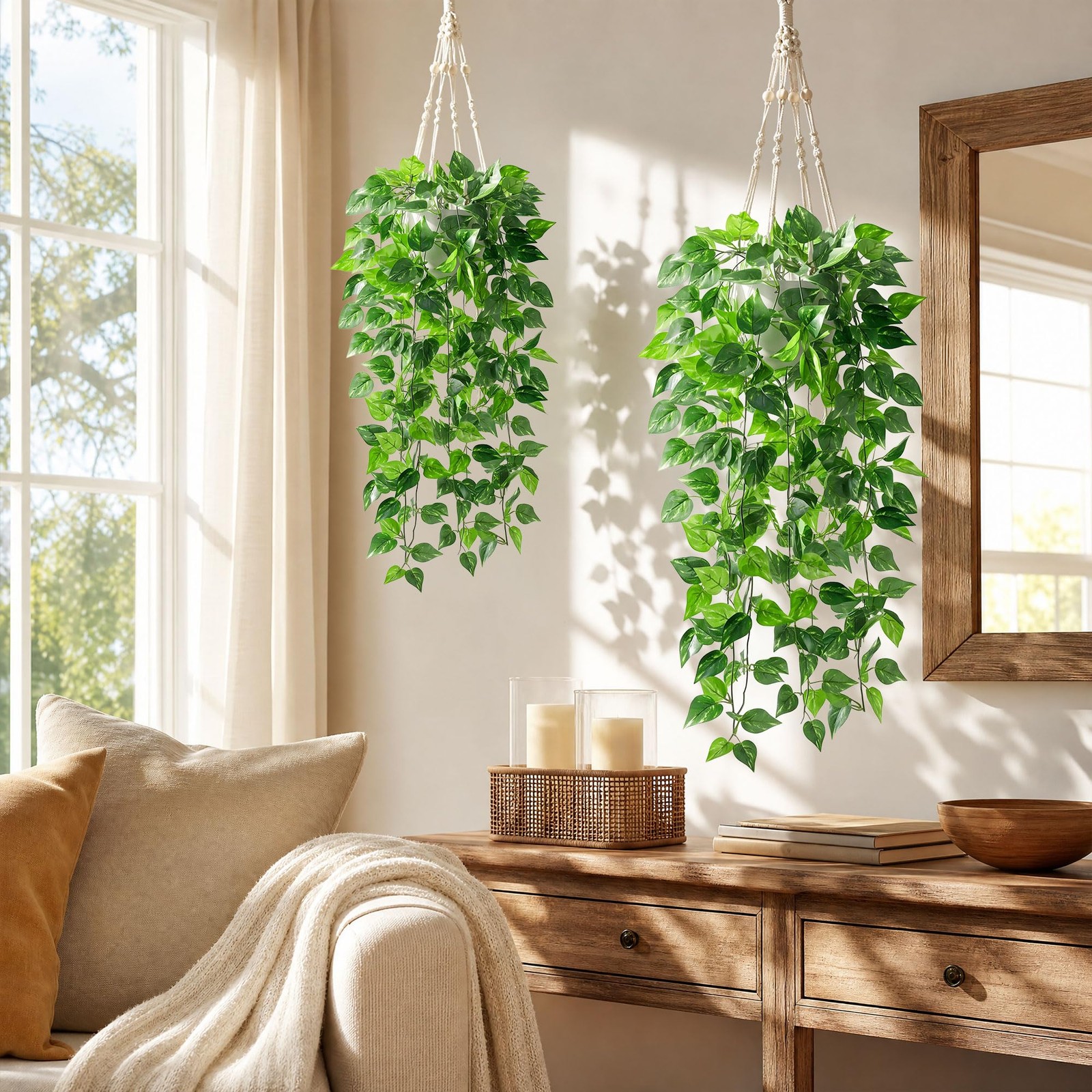 2 Packs Fake Hanging Plants with Pots, Artificial Pothos Hanging Plants with …