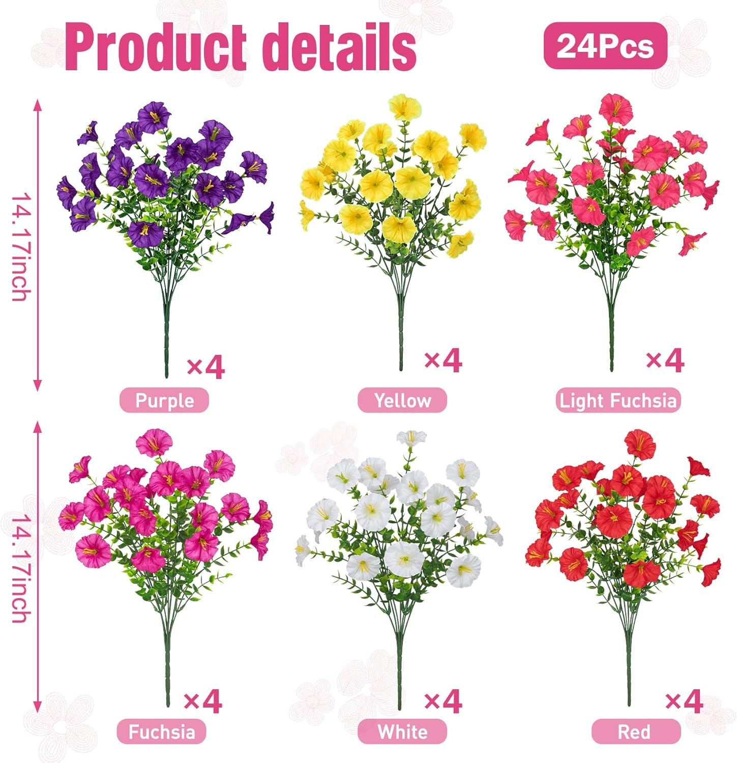 24 Bundles Artificial Flowers for Outdoors, Fake Silk Morning Glory Faux Eucalyp