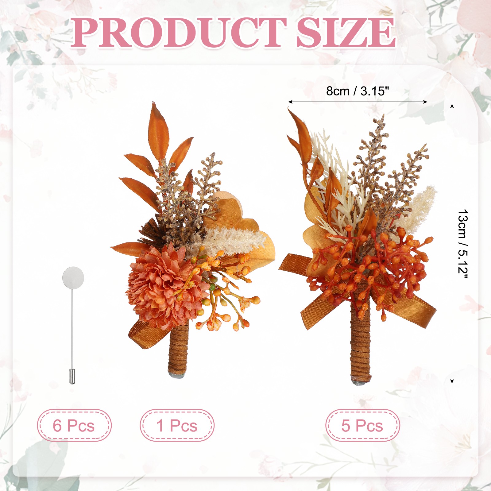 Mens Boutonnieres for Weddings, 6 Pcs Rose Boutonnieres, Orange/Taupe