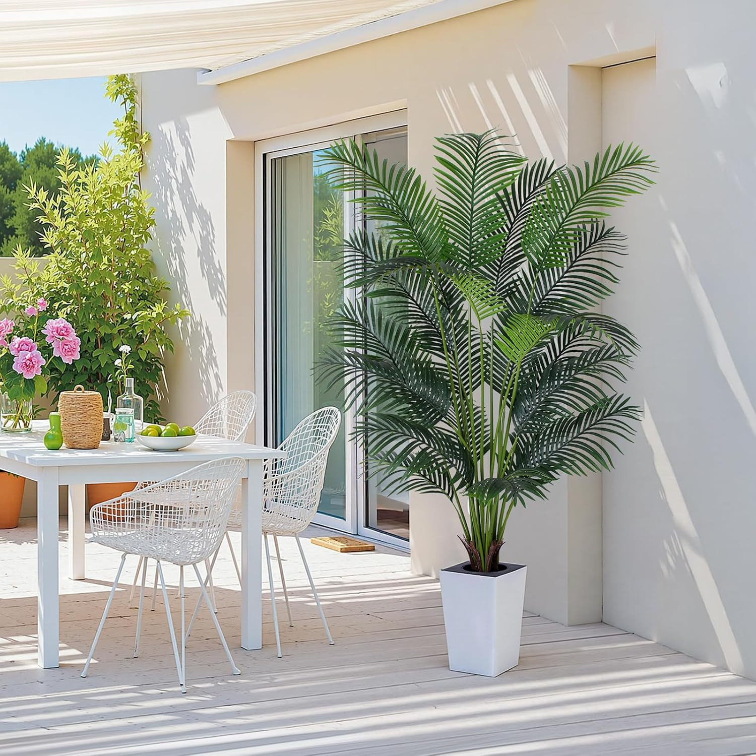 Artificial Palm Tree with White Tall Planter, 7Ft Tall Potted Artificial Silk Pa
