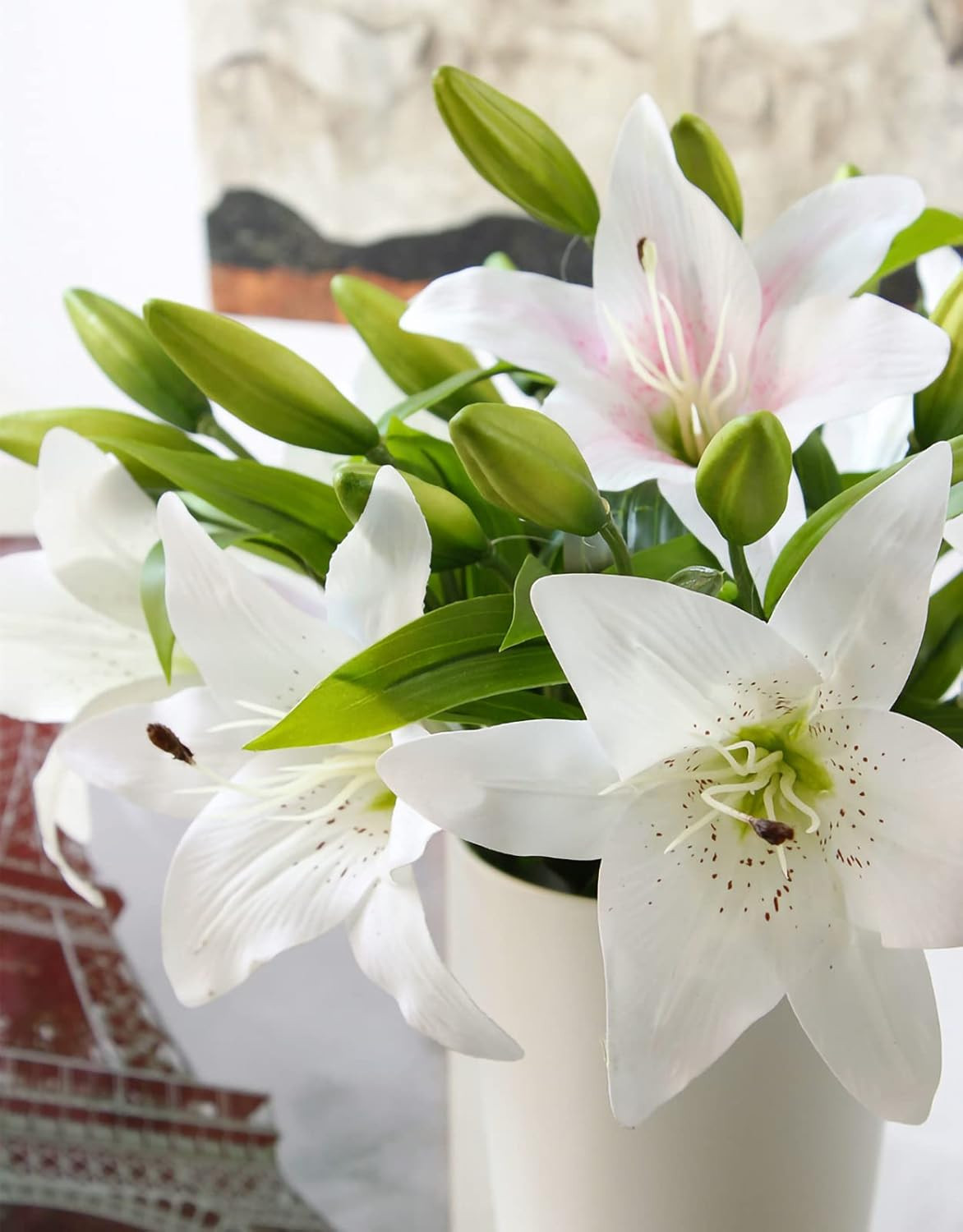 Artificial Tiger Lily Faux Flowers 8 Pcs White Real Touch Easter Decor