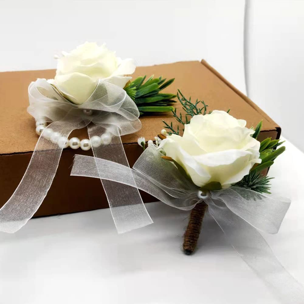 Rose Corsage and Boutonniere Set, 2PCS Handmade Artificial Flower Bride Wrist…