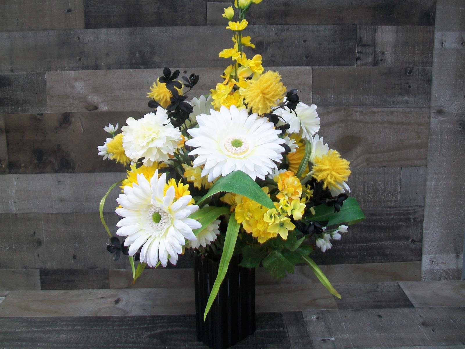 Yellow Black White All Occasion Floral Arrangement Centerpiece in Glass Vase