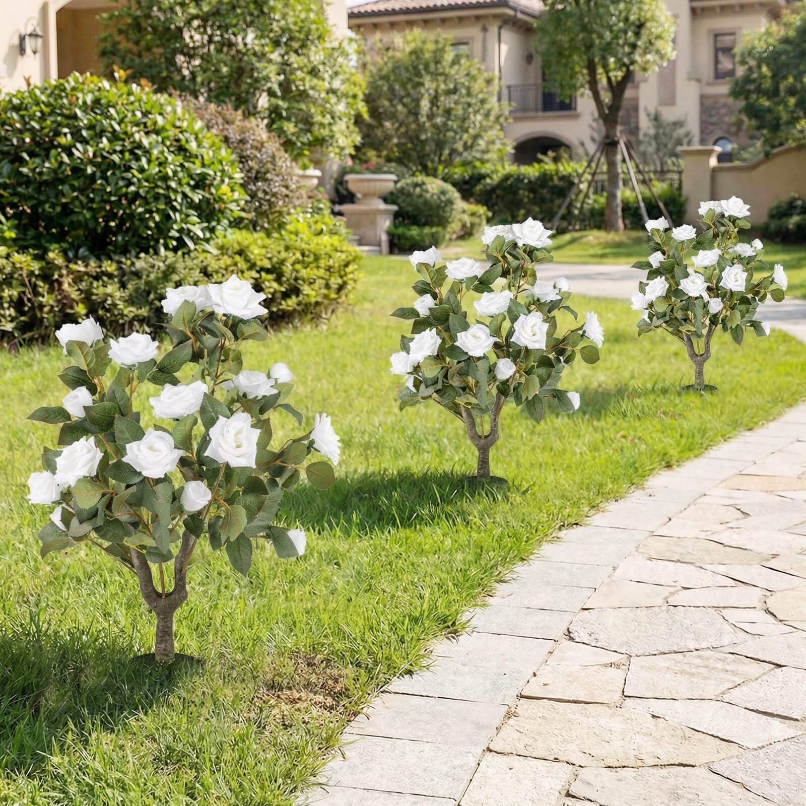 2 Pack Artificial Rose Flower Trees,31.5″ w/Spikes,186 Leaves & 18 White Flowers