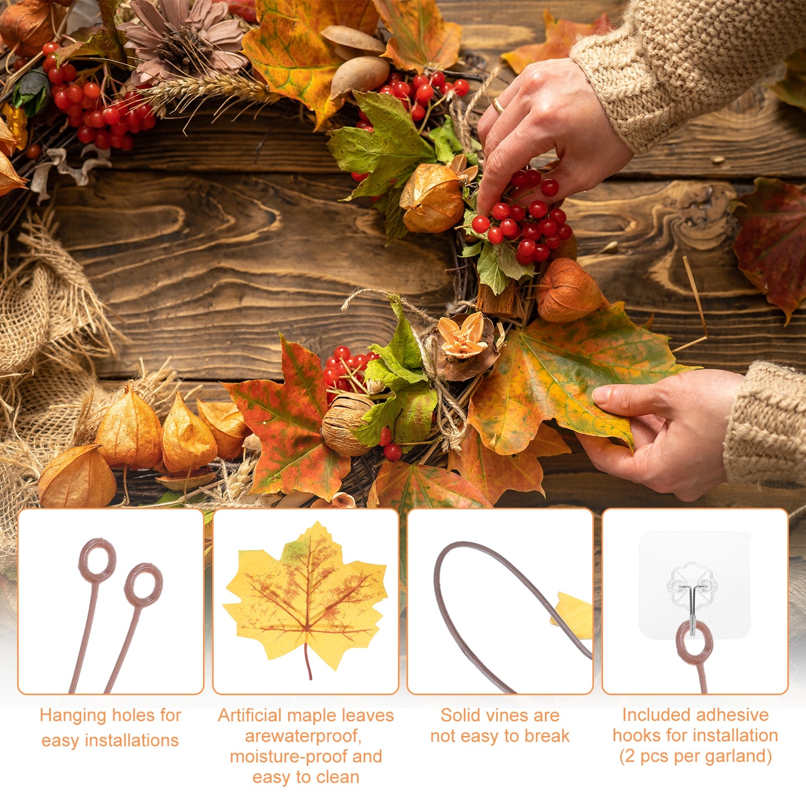 2Pcs Fall Maple Leaf Garland 5.9Ft Artificial Garland Decor Multicolor