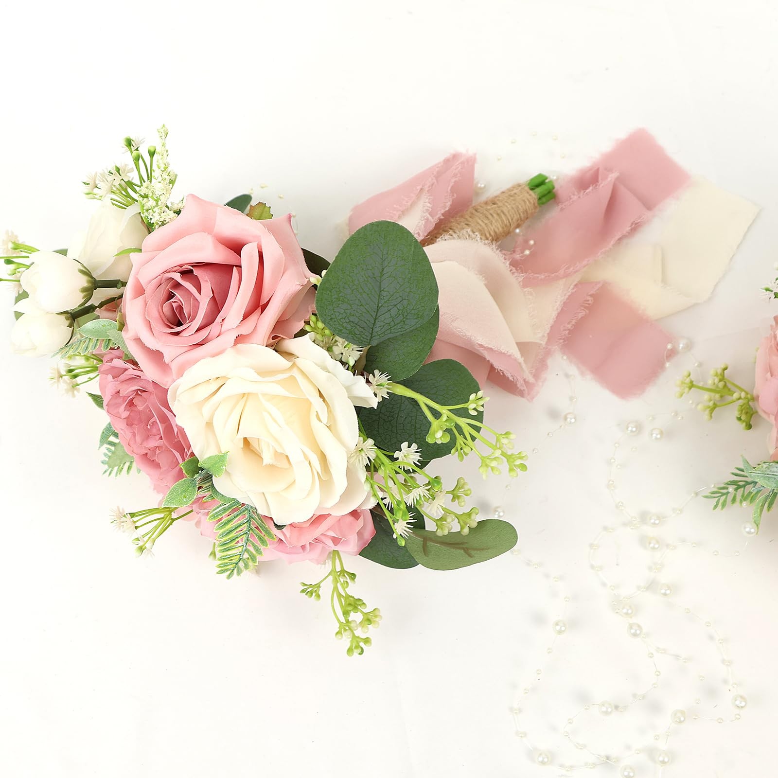 2 PCS Wedding Bridesmaid Bouquets 7 Inch Artificial Flowers Pink White Decor
