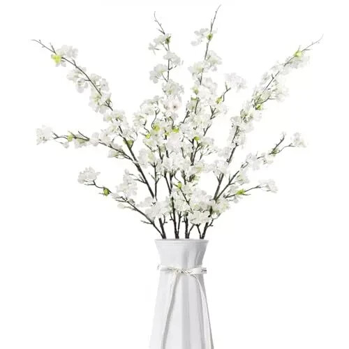 4Pcs Artificial Cherry Blossom Flowers 43 Inch Long Stem Cherry Blossom White