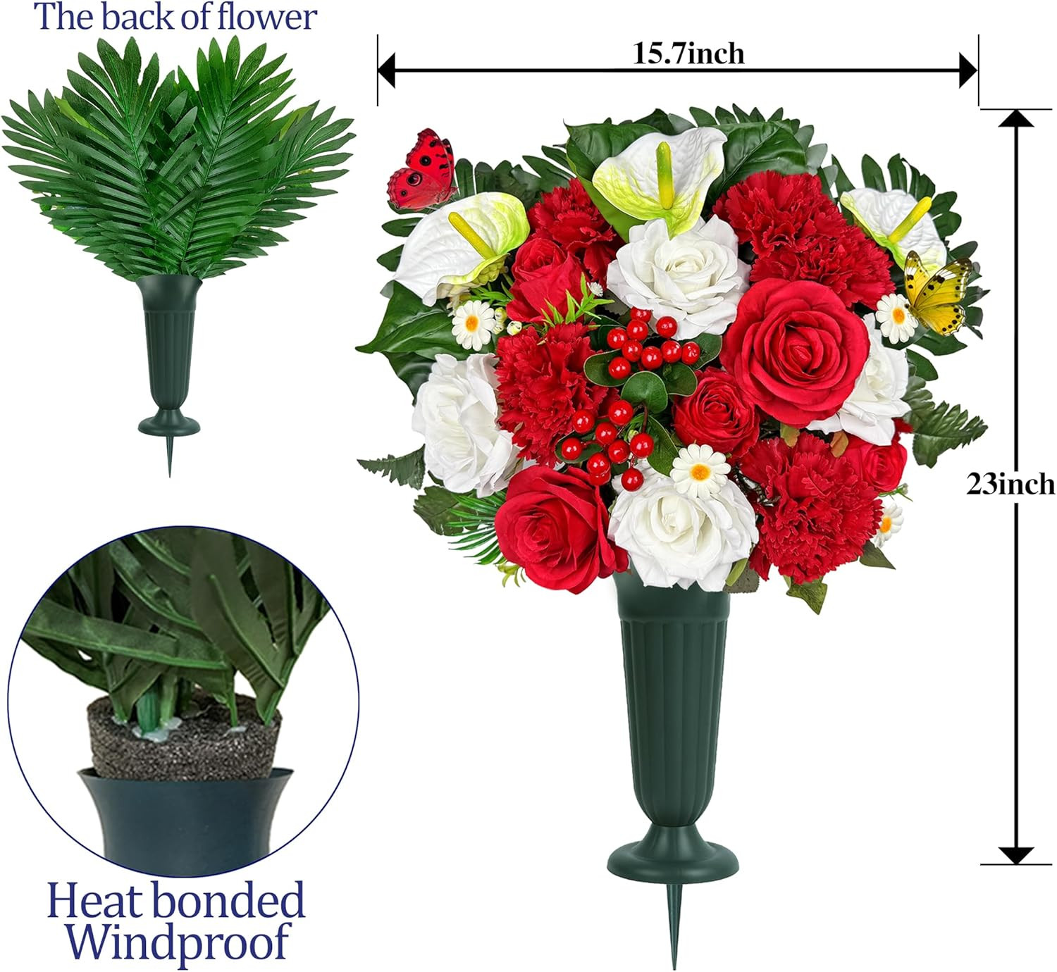 Elegant Artificial Cemetery Flowers with Vases – 3Pc Red Rose & Carnation Set