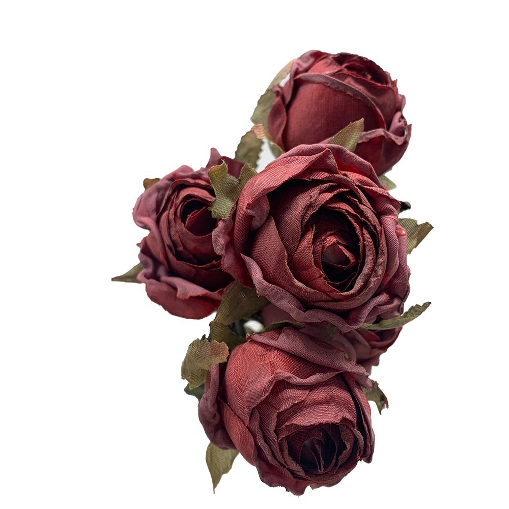 Dry Look Faux Silk Rustic Rose Flower and Leaf Stem 5 Heads 43cm/17in Red