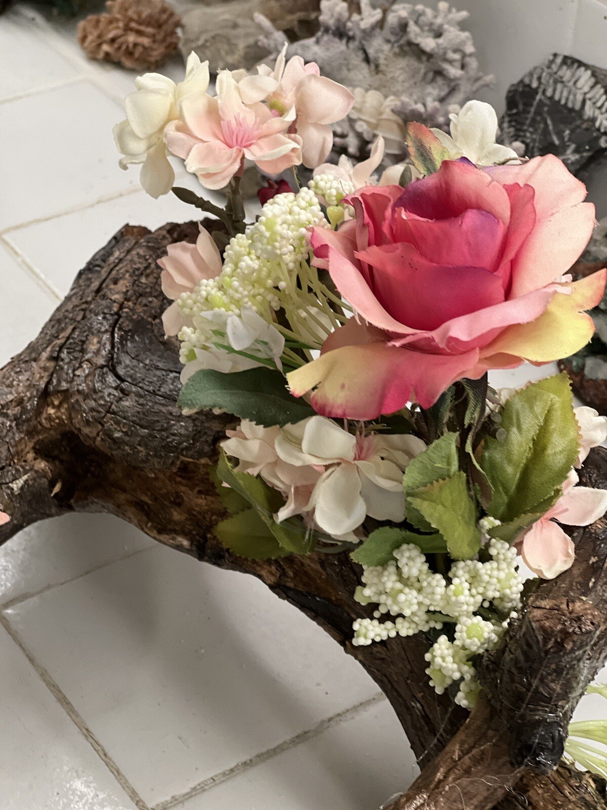 ORIGINAL FLORAL DESIGN WOOD BASE, ROSES, PEACH BLOSSOMS MOSSES BABY BREATH