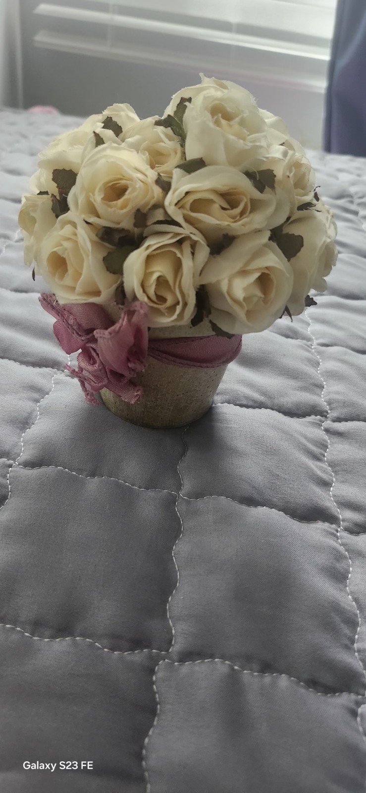Artificial Cream Rose Arrangement in Pot with Pink Ribbon, Silk Flower Bouquet