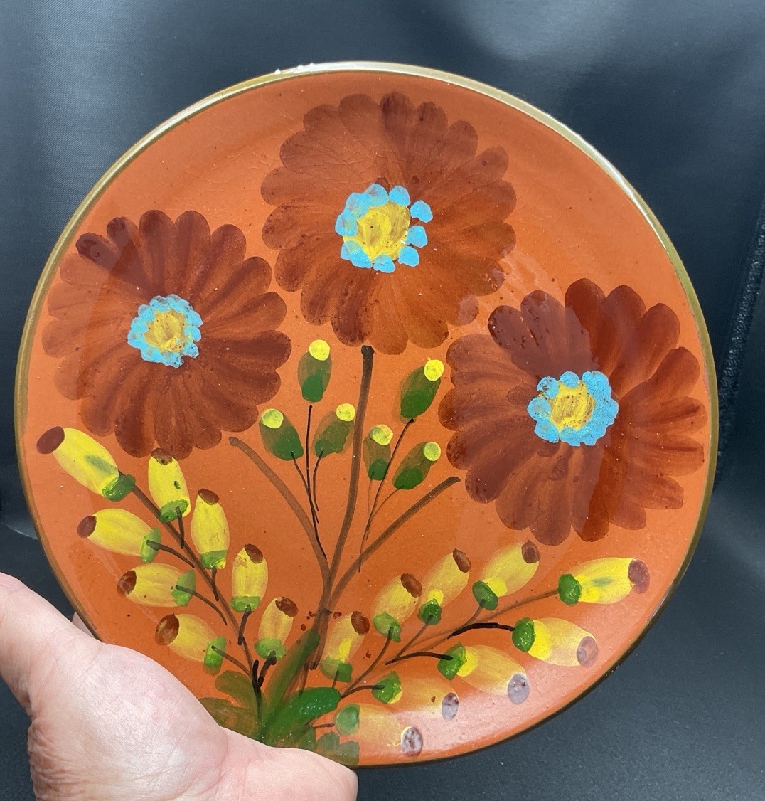Hand Painted Terracotta Decorative Plate 7” Folk Art Floral Wall Plate Signed RX
