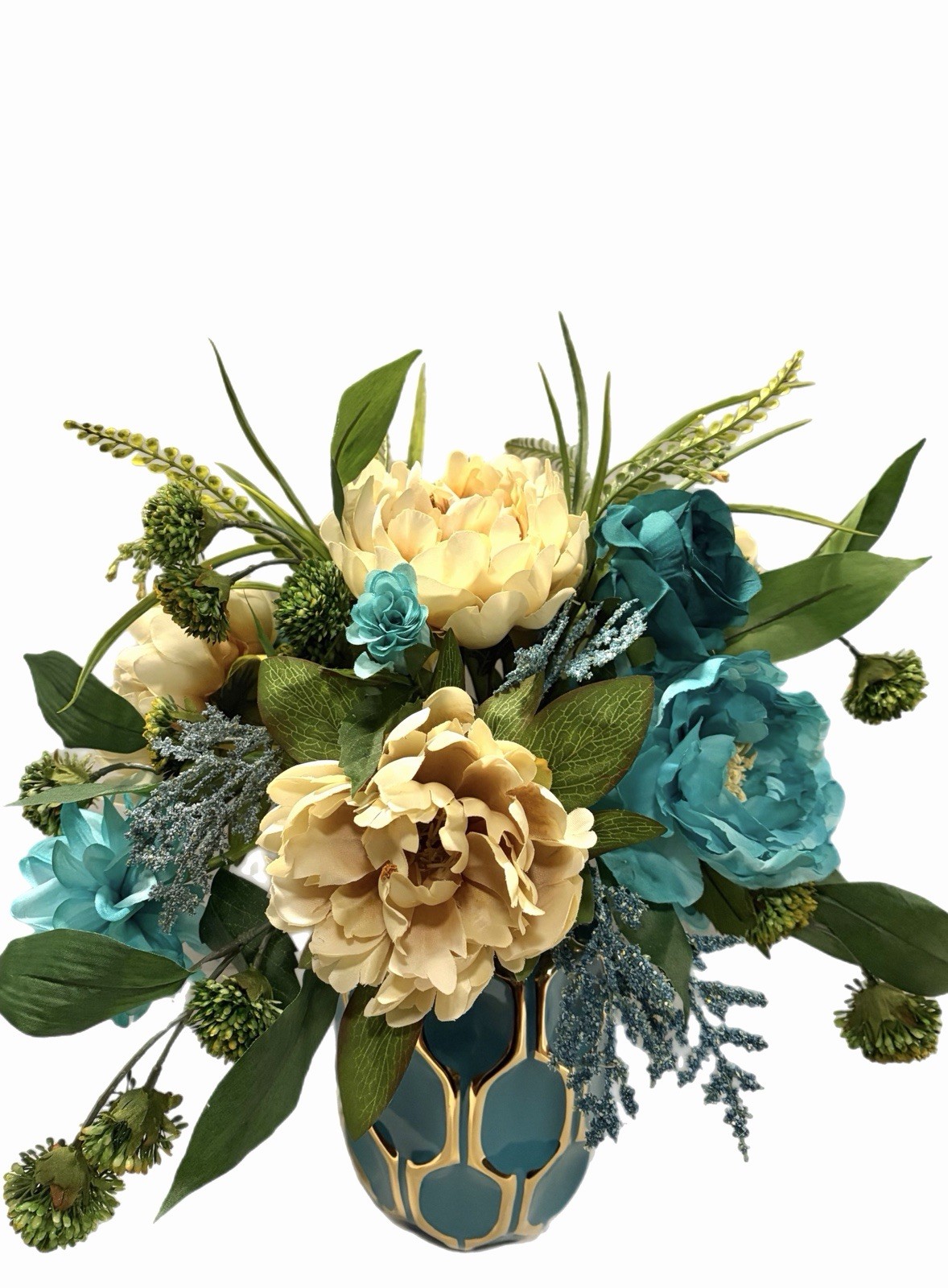 Floral Arrangement Turquoise And Ivory In Turquoise & Gold Vase Modern 18”x16”