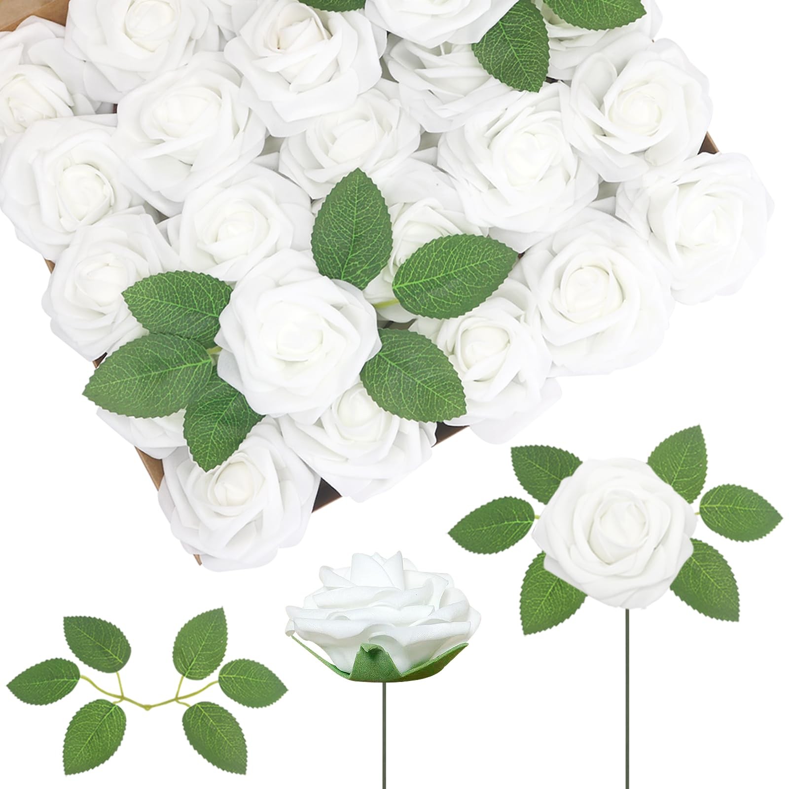 WANTMAZOR Artificial Flowers White Roses 100PCS Real Looking Foam Fake Roses …