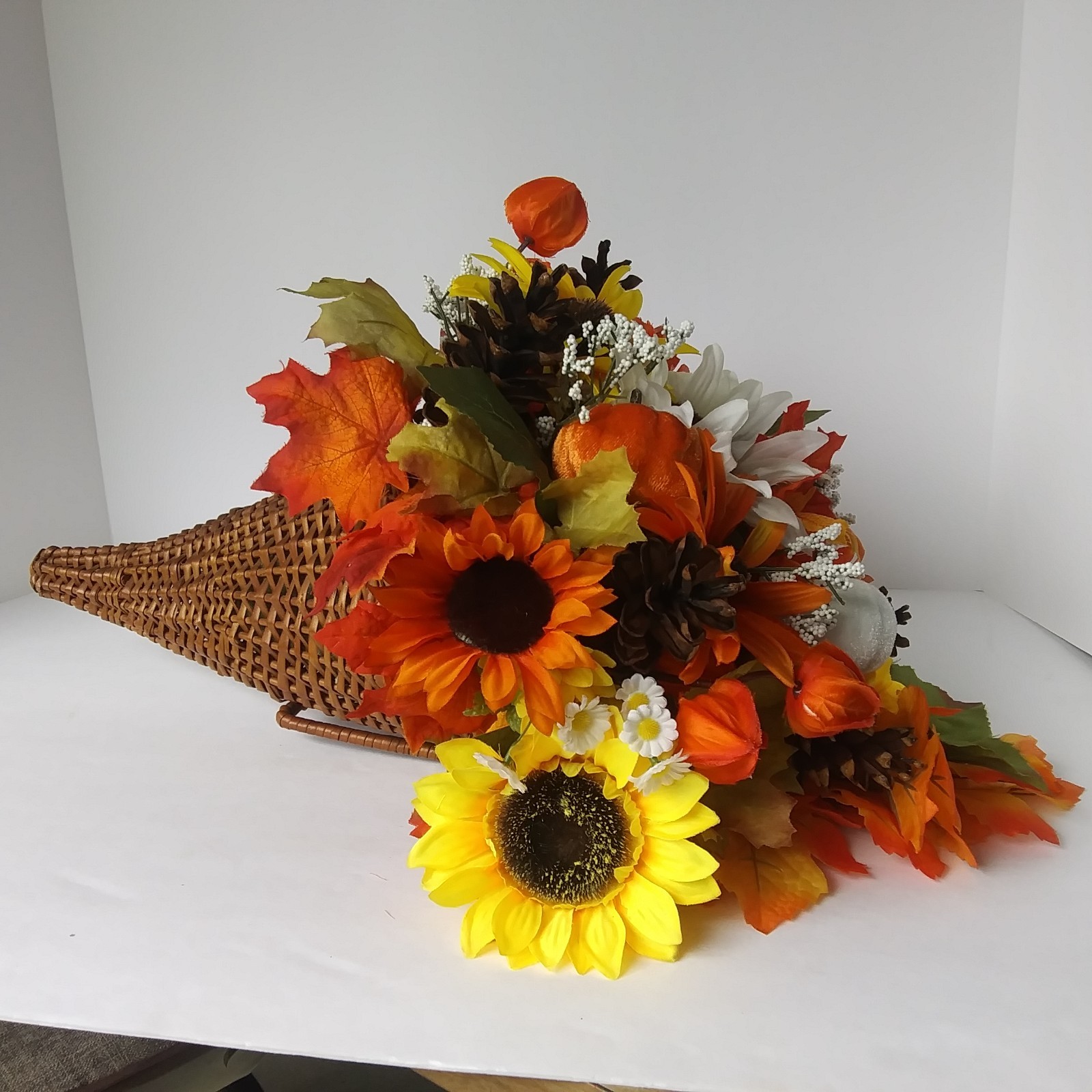 Fall Cornucopia Centerpiece Sunflowers Pinecones Maple Leaves Harvest Decor