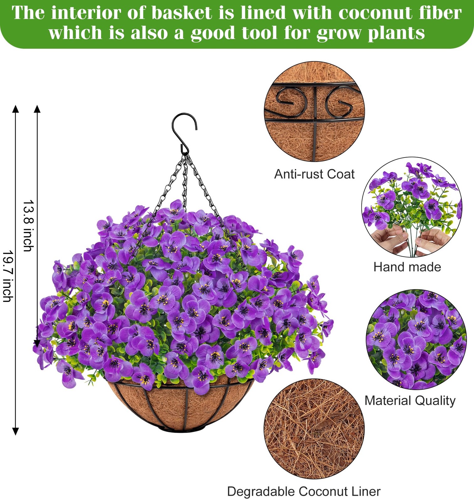 Artificial Hanging Pansy Flowers with Baskets for Outdoors, Purple