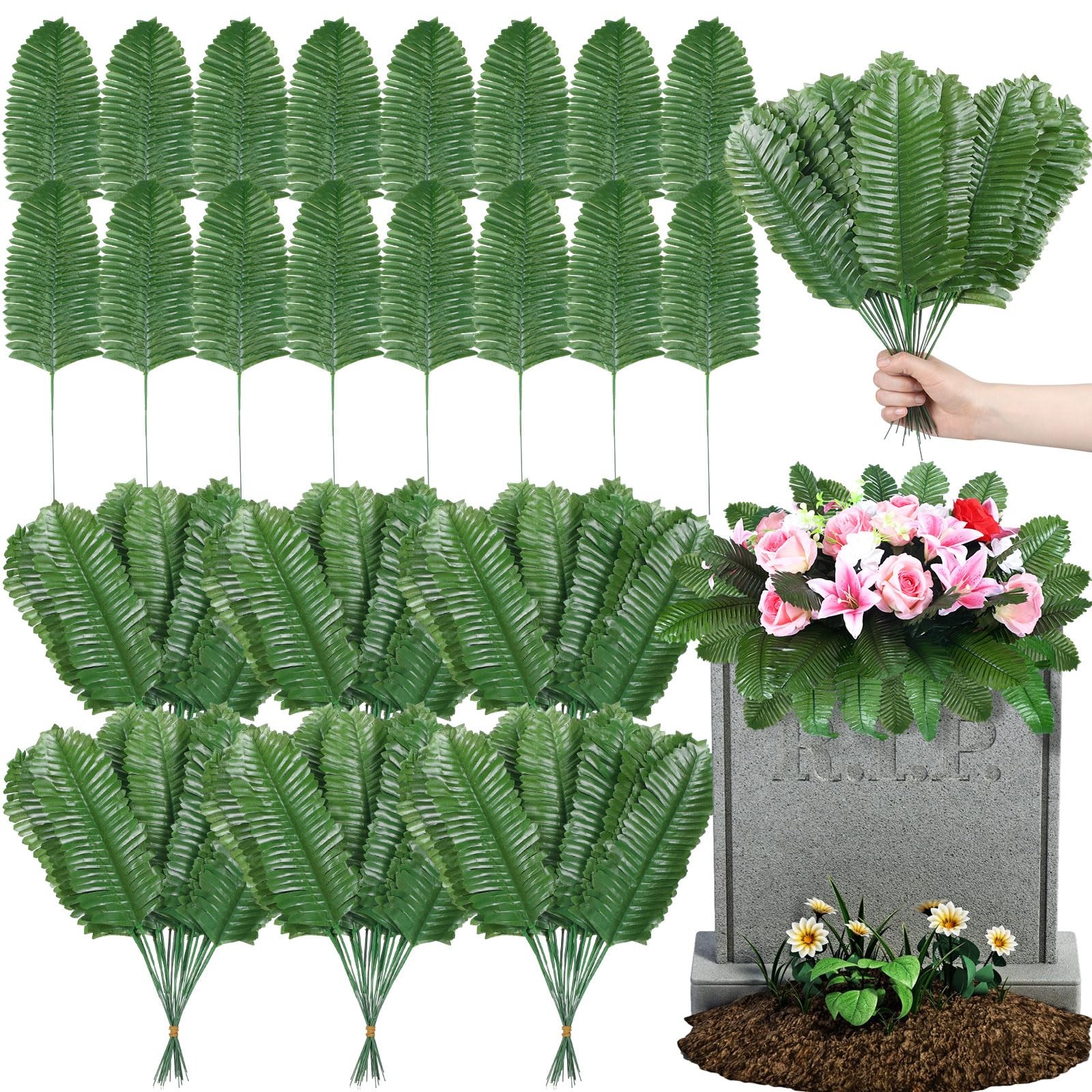 100 Pack Artificial Palm Leaves Cemetery Flowers Faux Fronds Grave Decorations