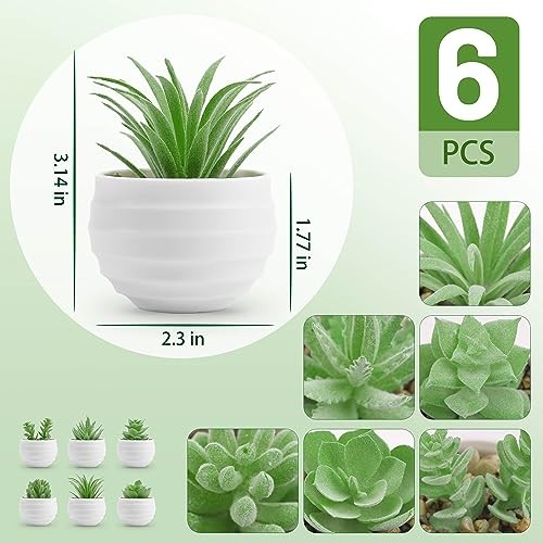 6 Pack Mini Fake Succulent Plants in White Pots Artificial Faux Greenery Decor