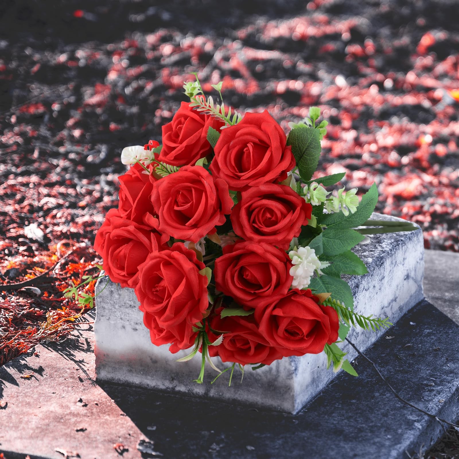 2 PCS Red Silk Artificial Rose Cemetery Grave Memorial Flowers Vase Decor