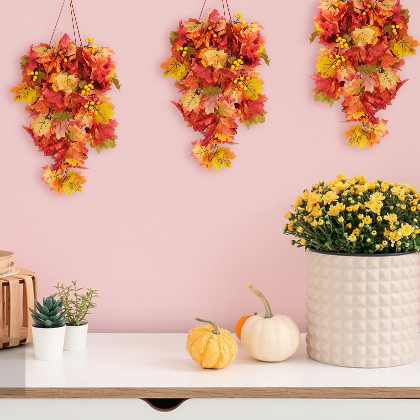 Artificial Fall Leaves Garland with Berries – 2Pcs Orange Maple Vine Decor for T