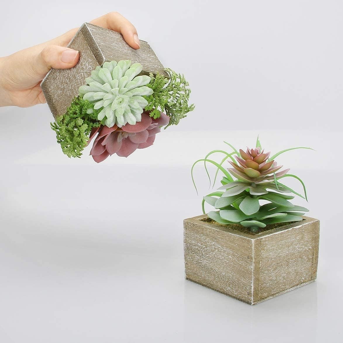 Succulent Plants Artificial, 3 Pack Small Fake Plants in Wood Pot for Home Decor