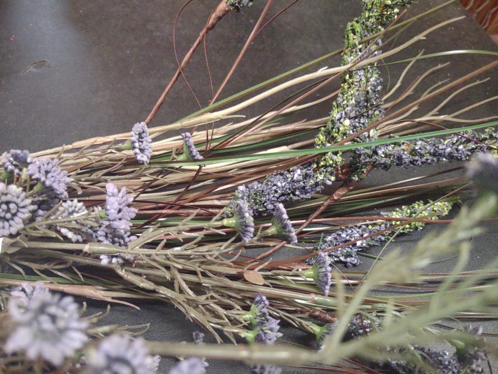 Vintage 22″ Plastic/Silk Bush, Swamp Lily Grass Plant Arrangement, Country Blue