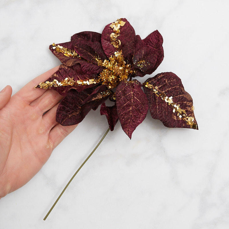 Set of 12 Velvet Purple Poinsettia 11″ Picks Trimmed in Gold Glitter