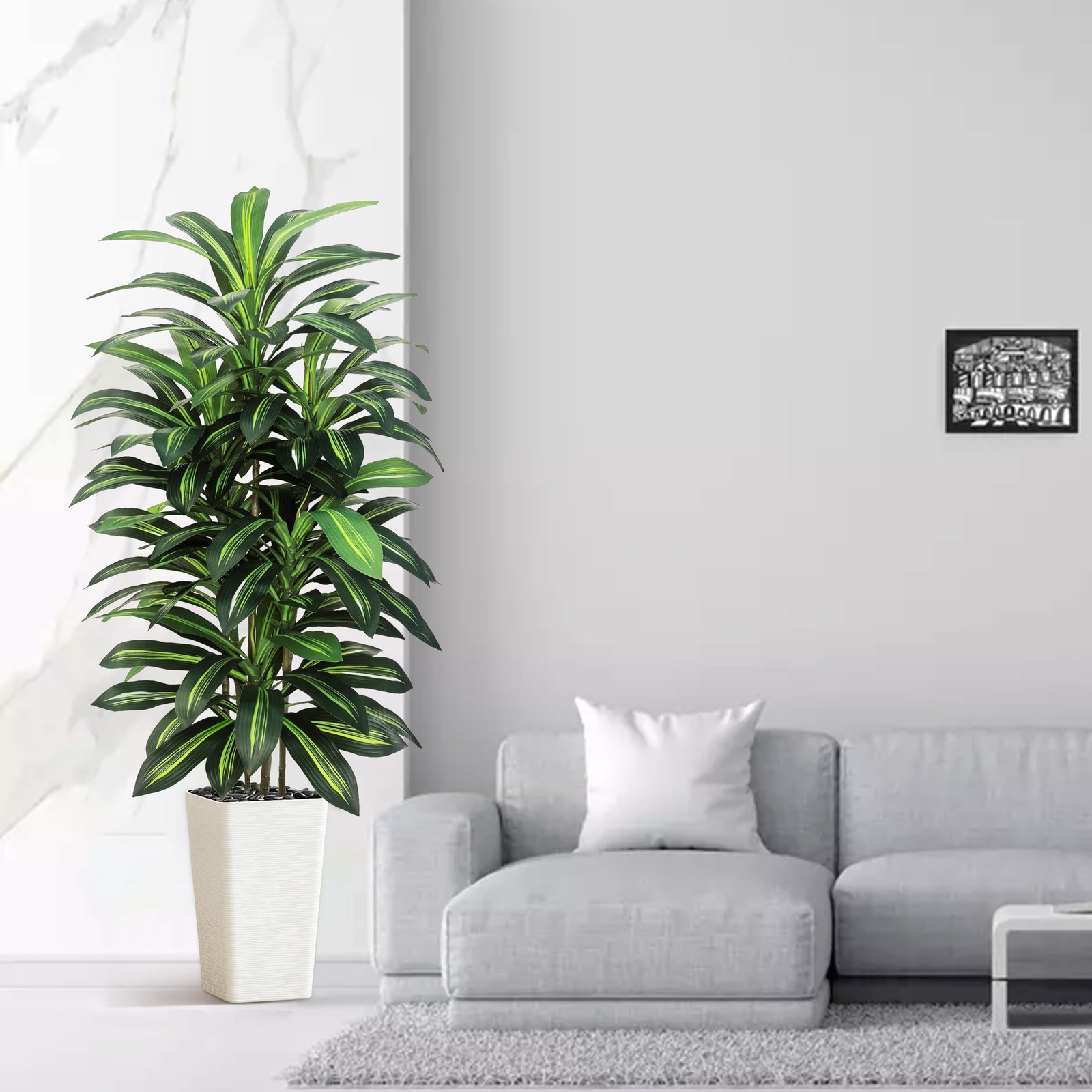 Artificial Dracaena Tree Indoor, 5FT Tall Fake Floor Plants with White Plante…