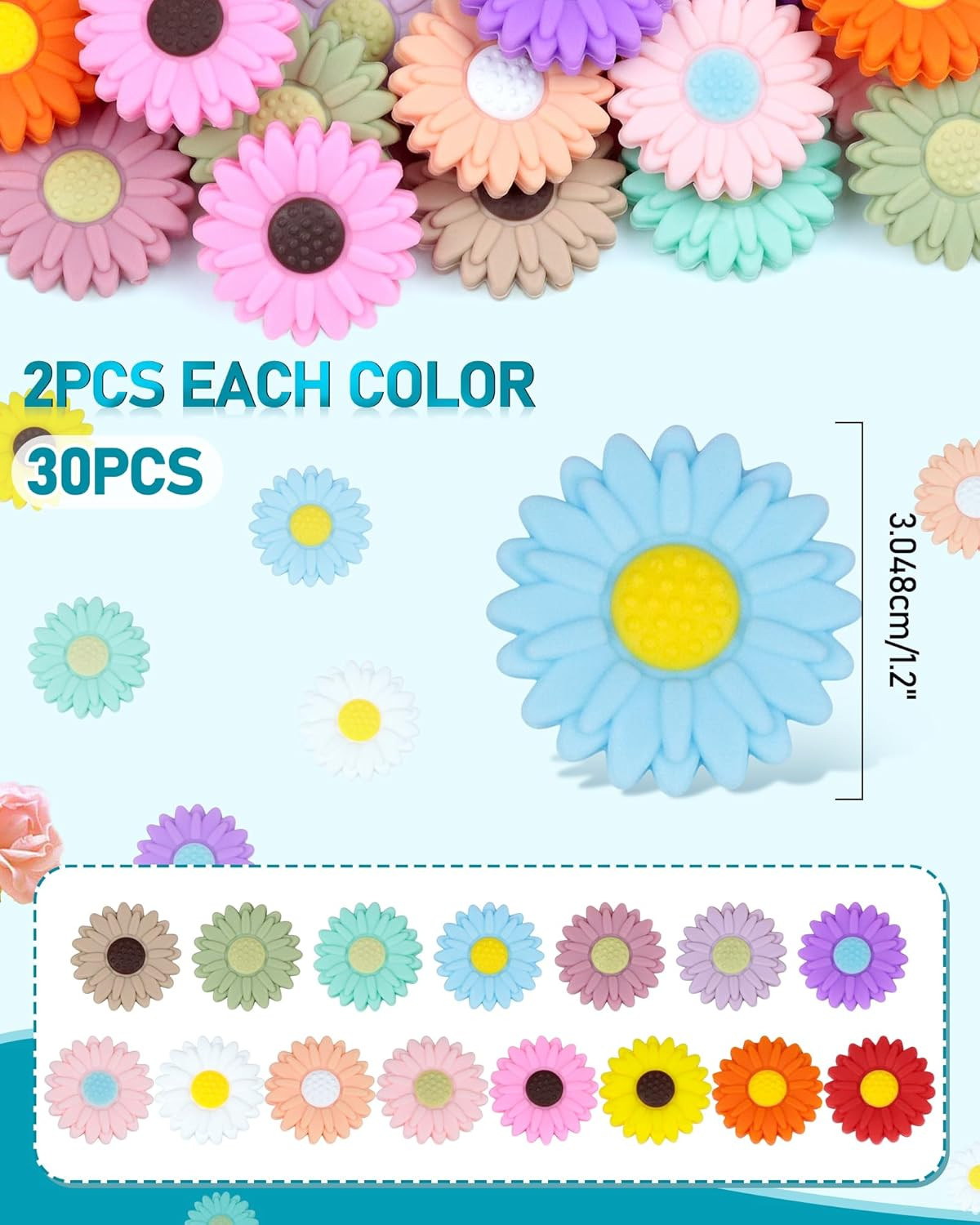 30PCS Sunflowers & Daisy Focal Silicone Beads – Loose Beads for Pens, Necklaces