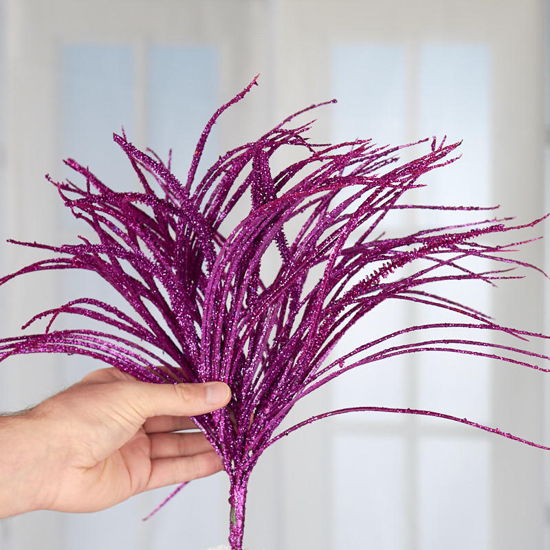 Lot of 2 Sparkling Glittered Purple Artificial Decorative 14″ Grass Bushes