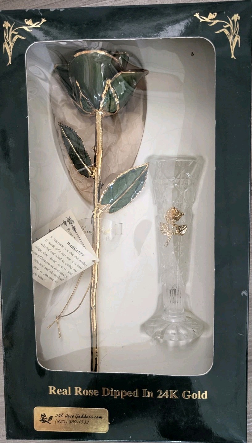 24K Gold Dipped Real Rose Emerald May Birthstone Living Gold in Box W/Vase 11″