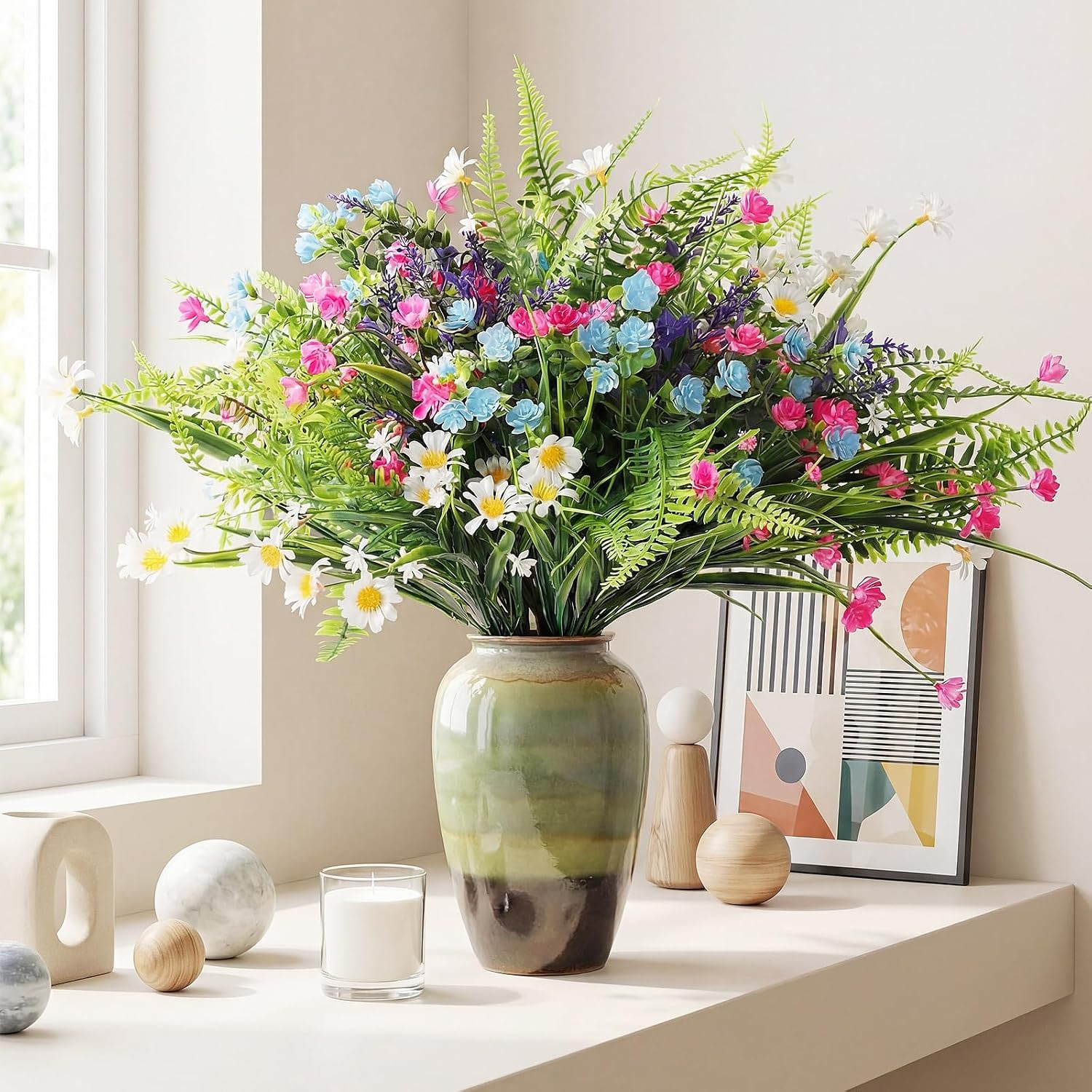 48 Pcs UV Resistant Artificial Flowers for Outdoor Indoor Decor – Blue & Pink