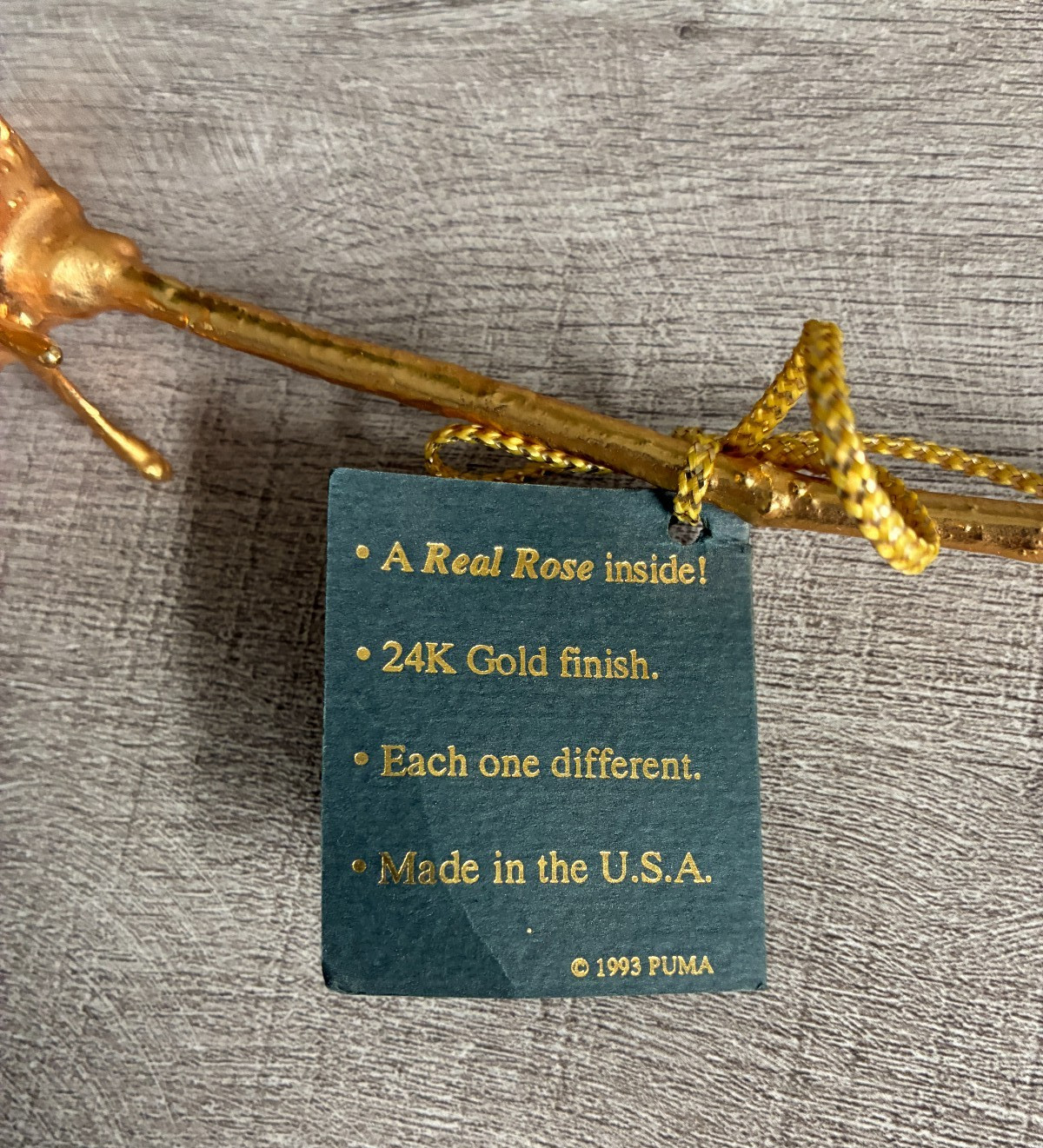 24K Gold Finish Dipped Real Rose ~ Original Tag 1993 ~ Made in USA ~ 10.5″ Long
