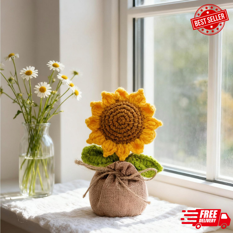 Crochet Sun Flowers Potted Flower, Handmade Knitted Sun Flores Birthday Gifts fo