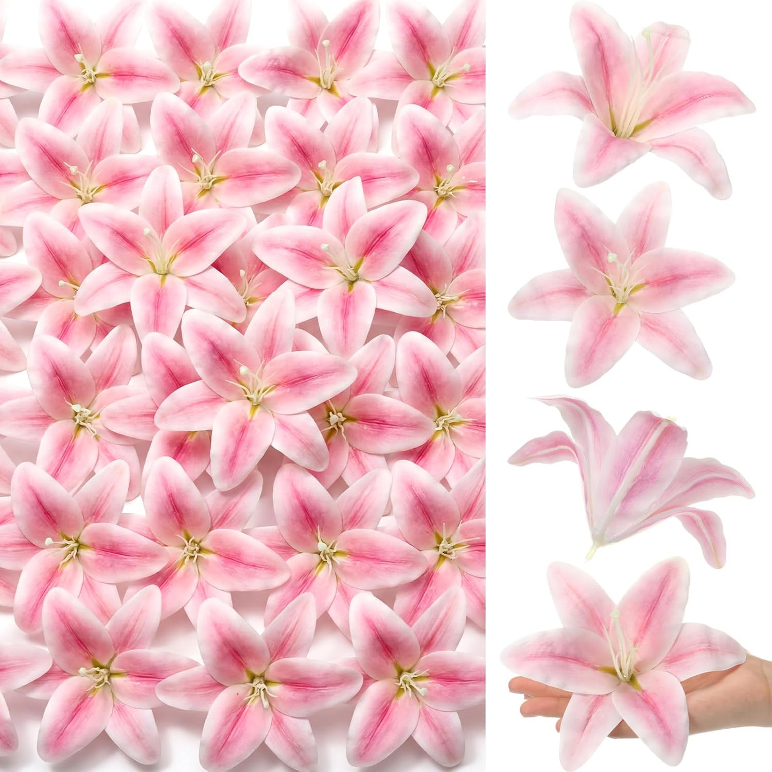 50 Pack Large Faux Lilies – Realistic Pink Flower Heads for DIY Decor
