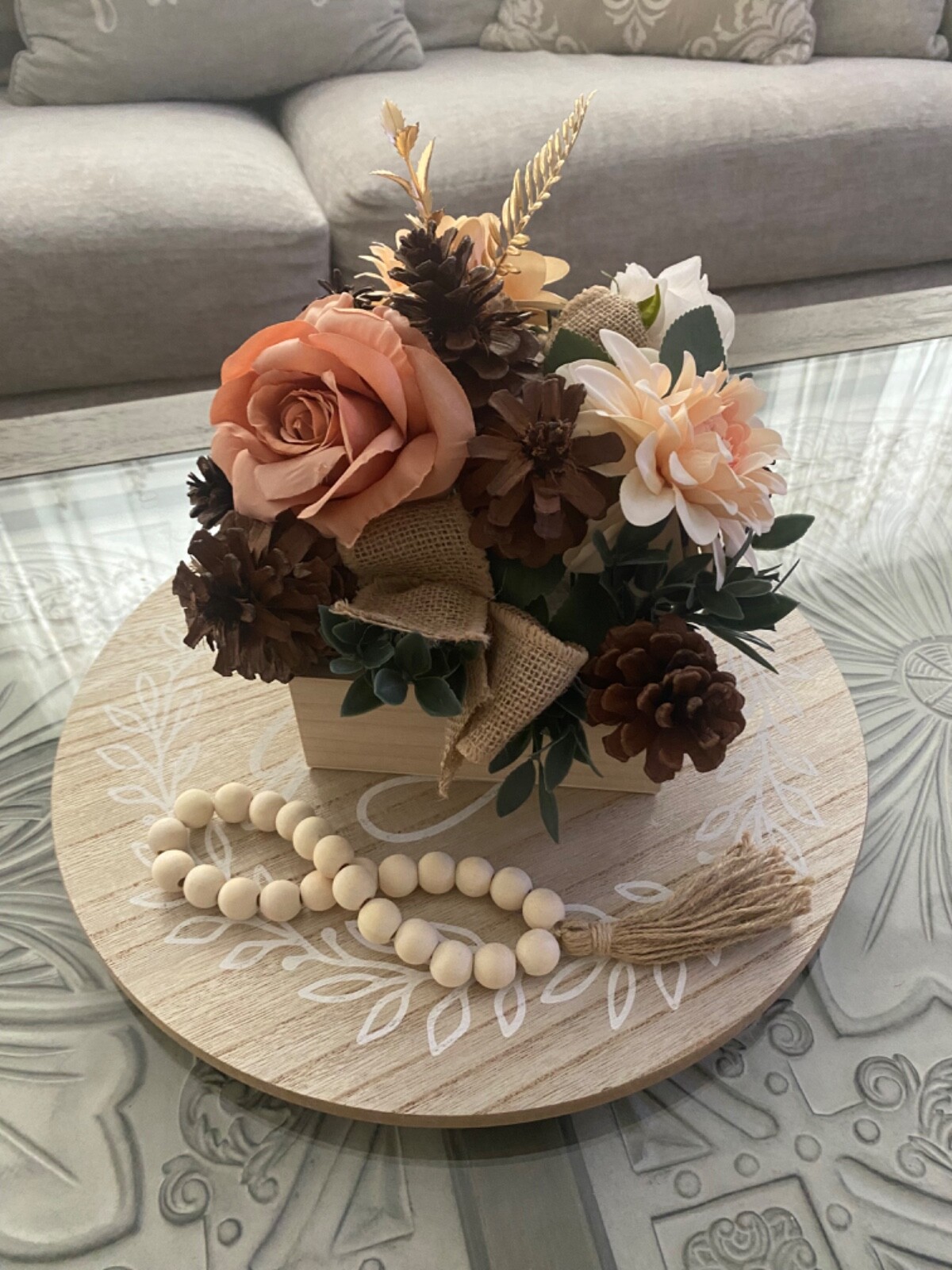 Fall Centerpieces for Table, Decor With Flowers, Greenery, Acorns, Wood Base