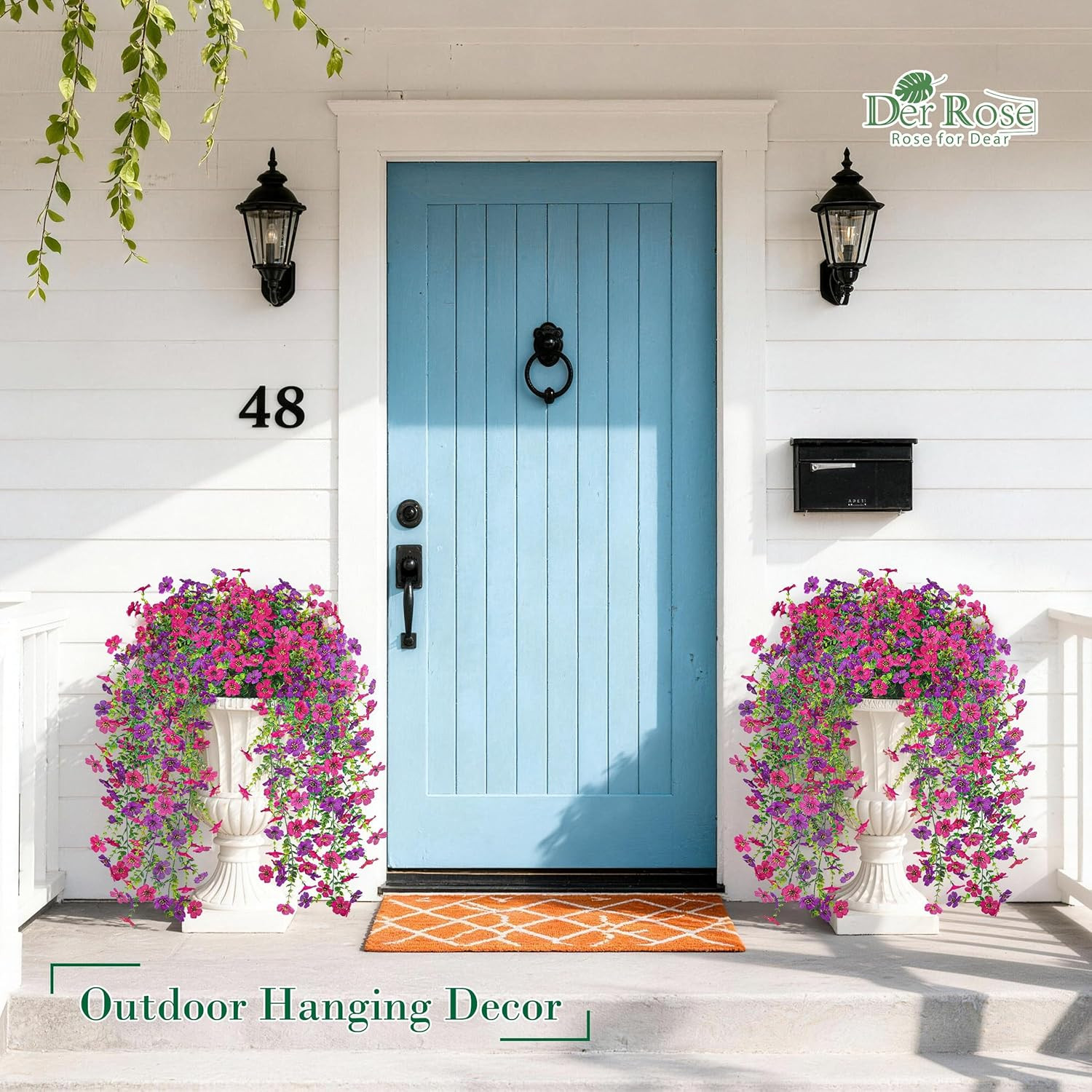 Artificial Hanging Flowers for Outdoors, 4 Pcs UV Resistant Cascading Fake Outdo