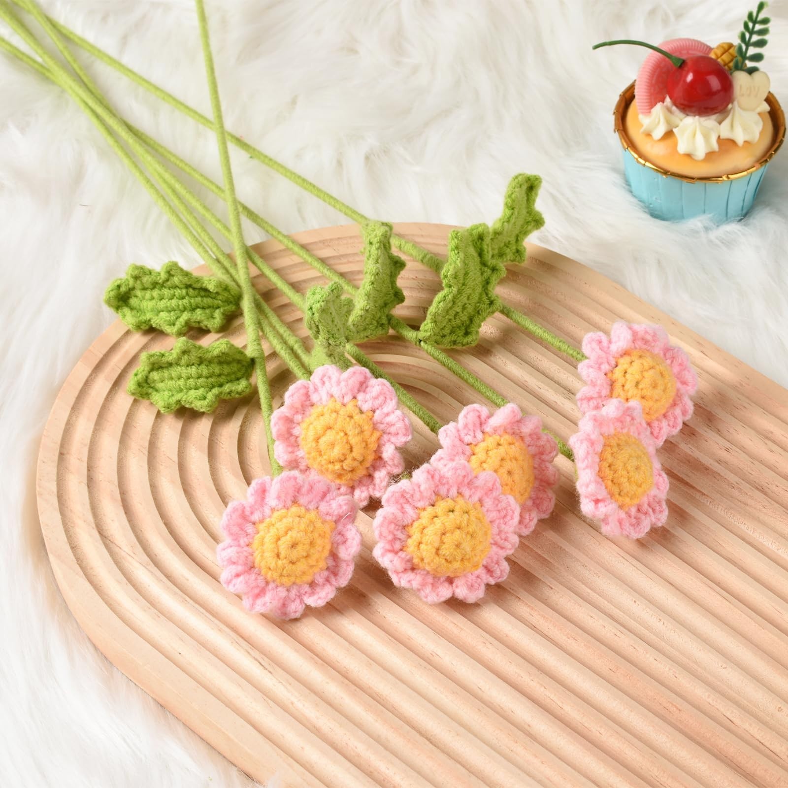 3PCS Crochet Daisy Flower 16.5Inch Knitted Handmade Daisy Flowers Cotton