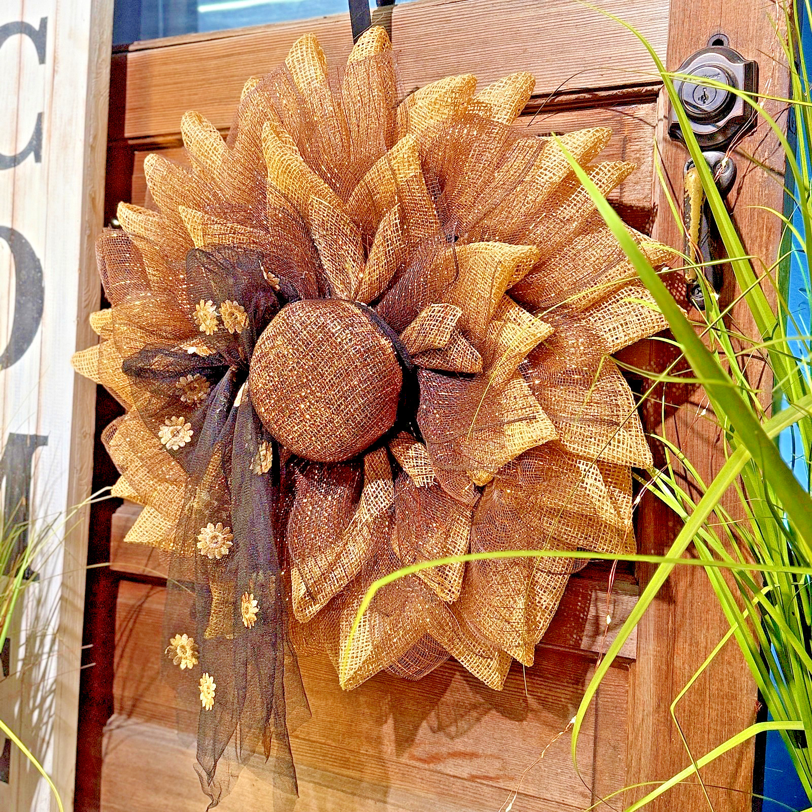 Farmhouse Burlap Sunflower Wreath – Handmade Rustic Sunflower – Fall Wreath