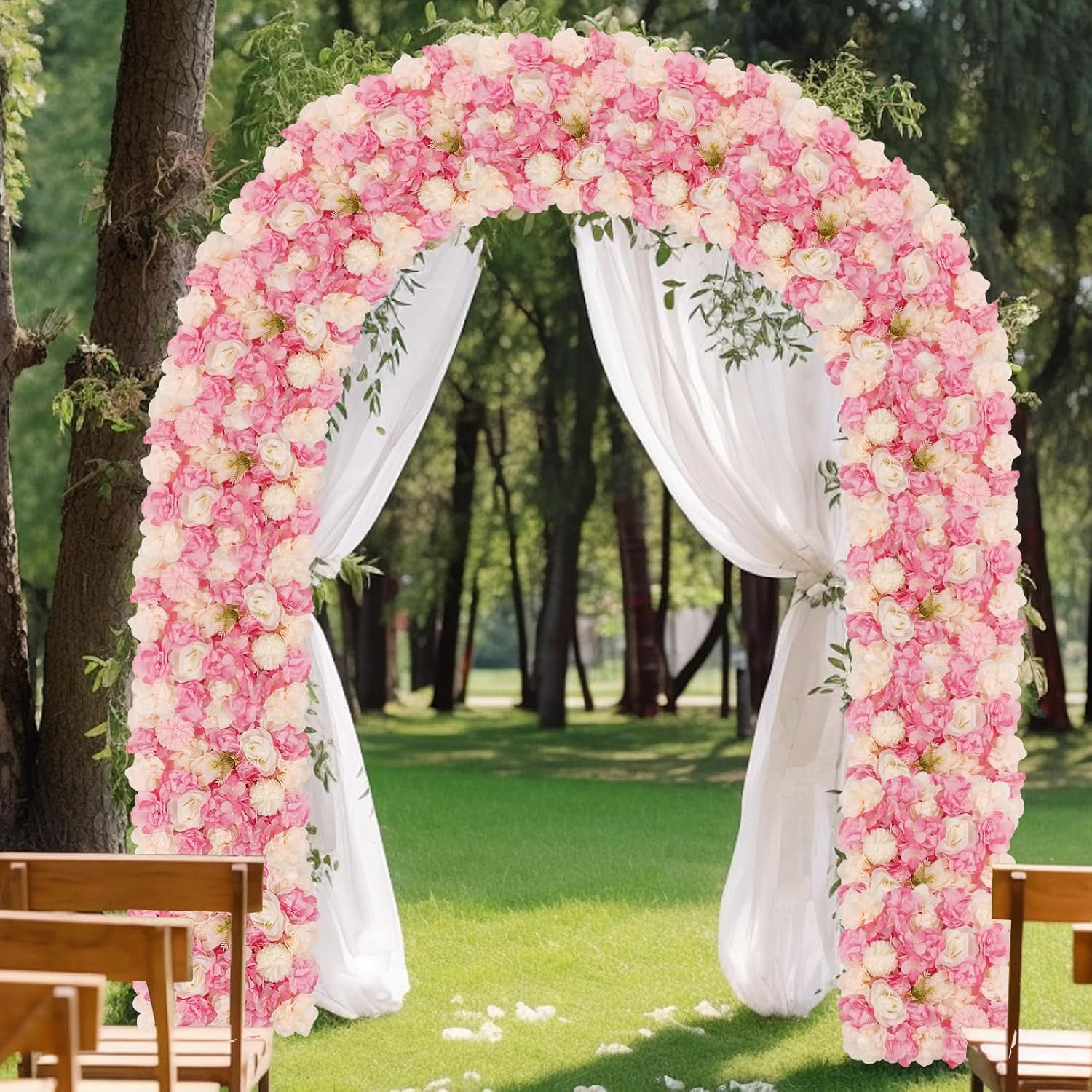 3D Flower Wall Backdrop – 12 Pink & White Silk Rose Panels for Events