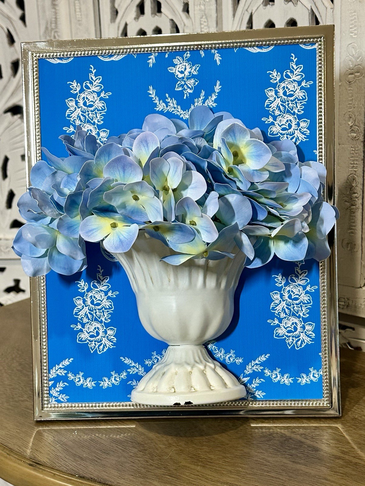 3D Artistry Handmade Blue Hydrangeas in Distressed Metal Urn Framed Florals