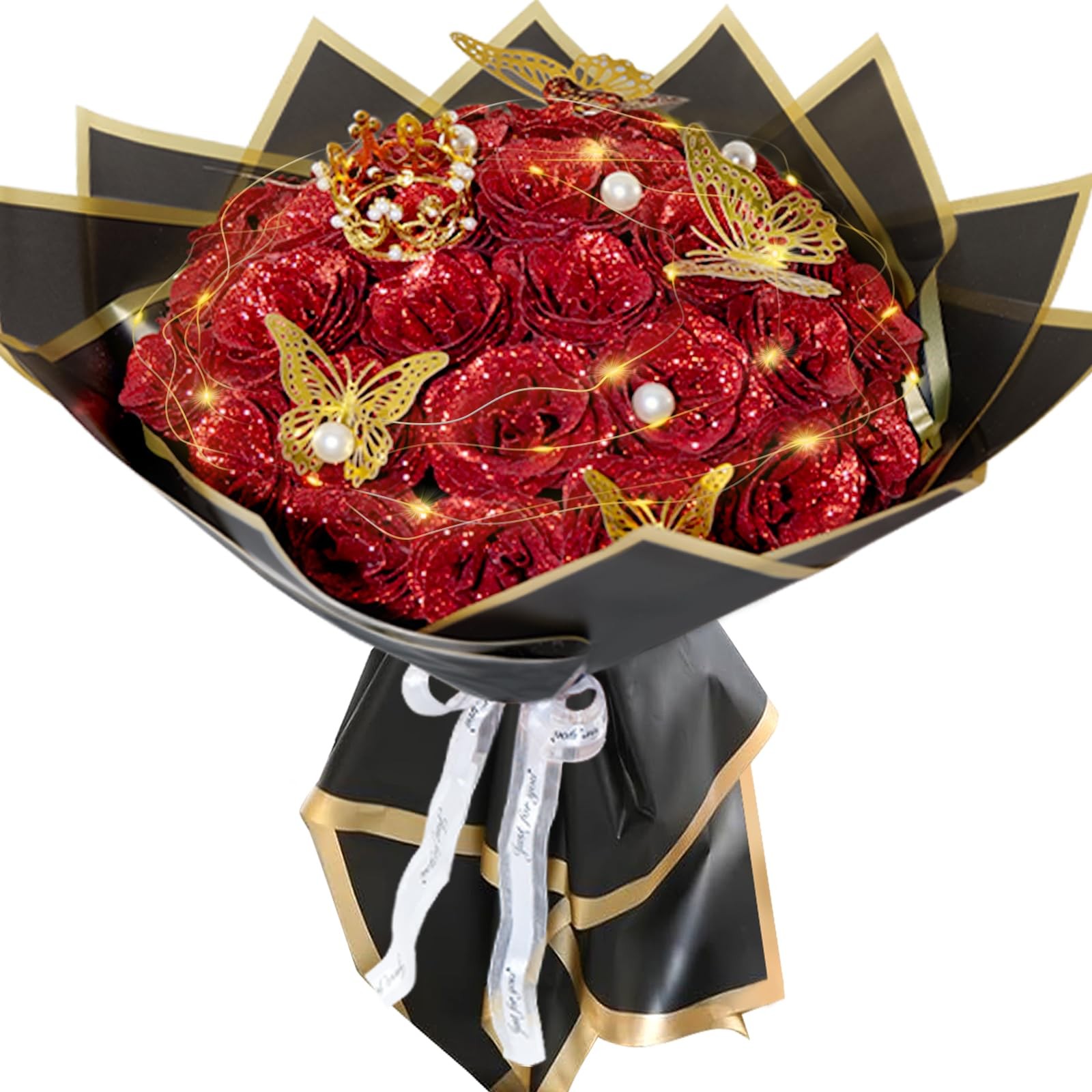 24 PCS Red Glitter Roses Bouquet Shiny Everlasting DIY Artificial Flowers