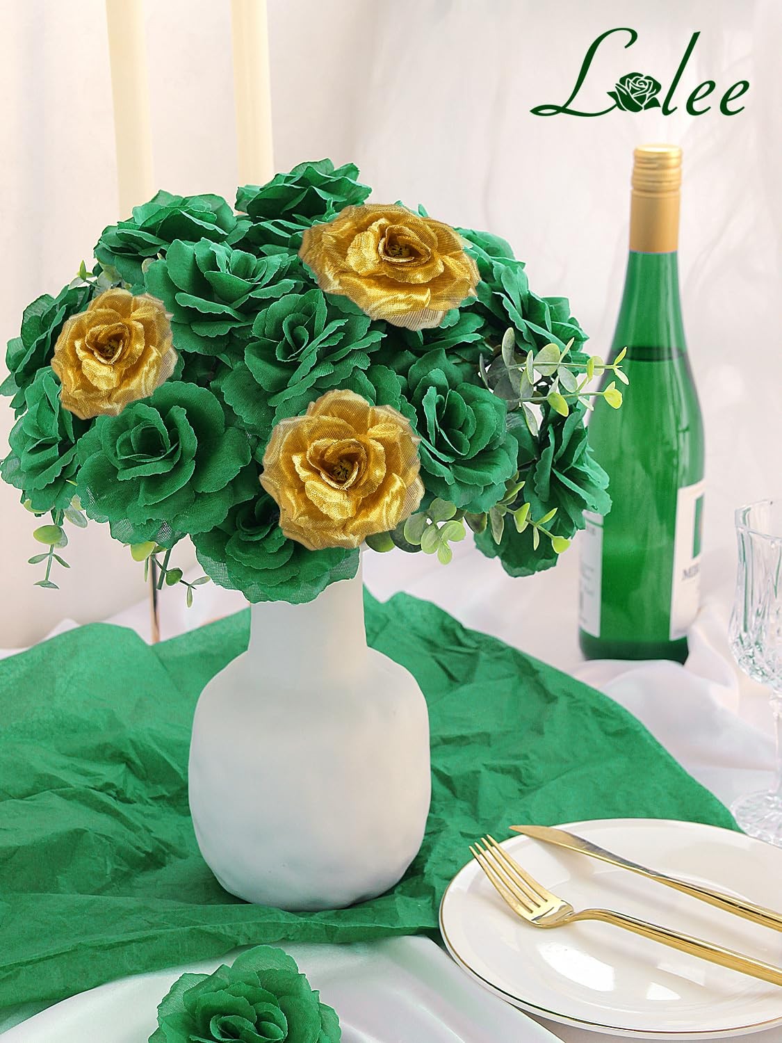108pcs Roses Head Flowers with Stem – Emerald Green Gold Artificial Flowers R…
