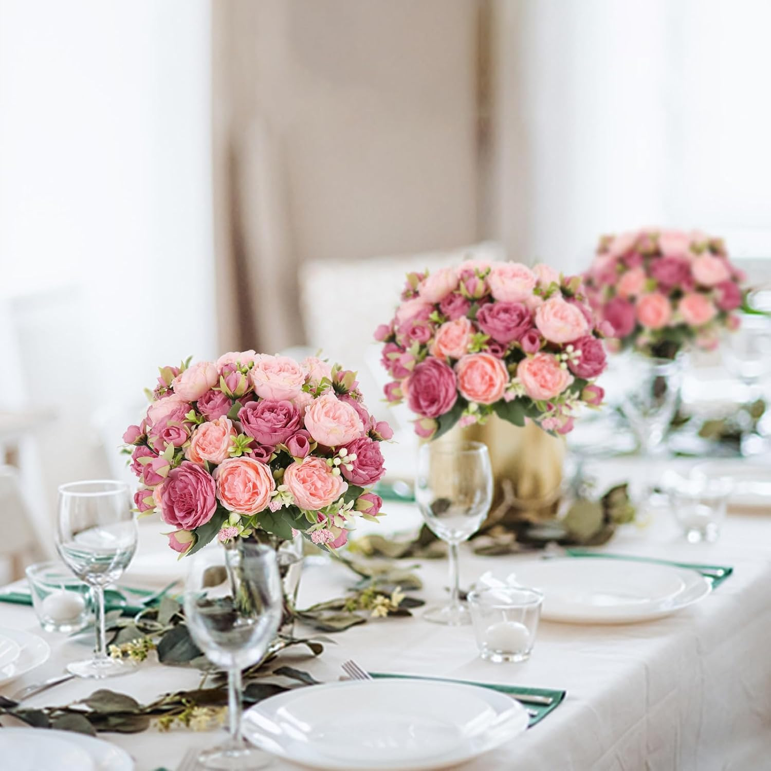 Artificial Peonies Silk Flowers, Pink Faux Peony Bouquet 2 Bundles Florals