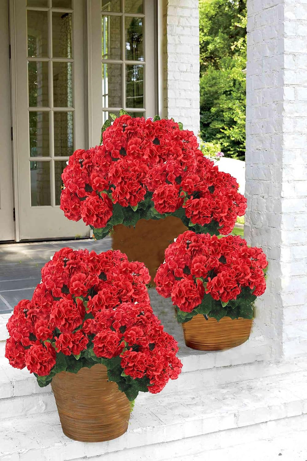 4PCS Artificial Red Geranium Silk Flowers Outdoor Plant Bush Faux Flowers