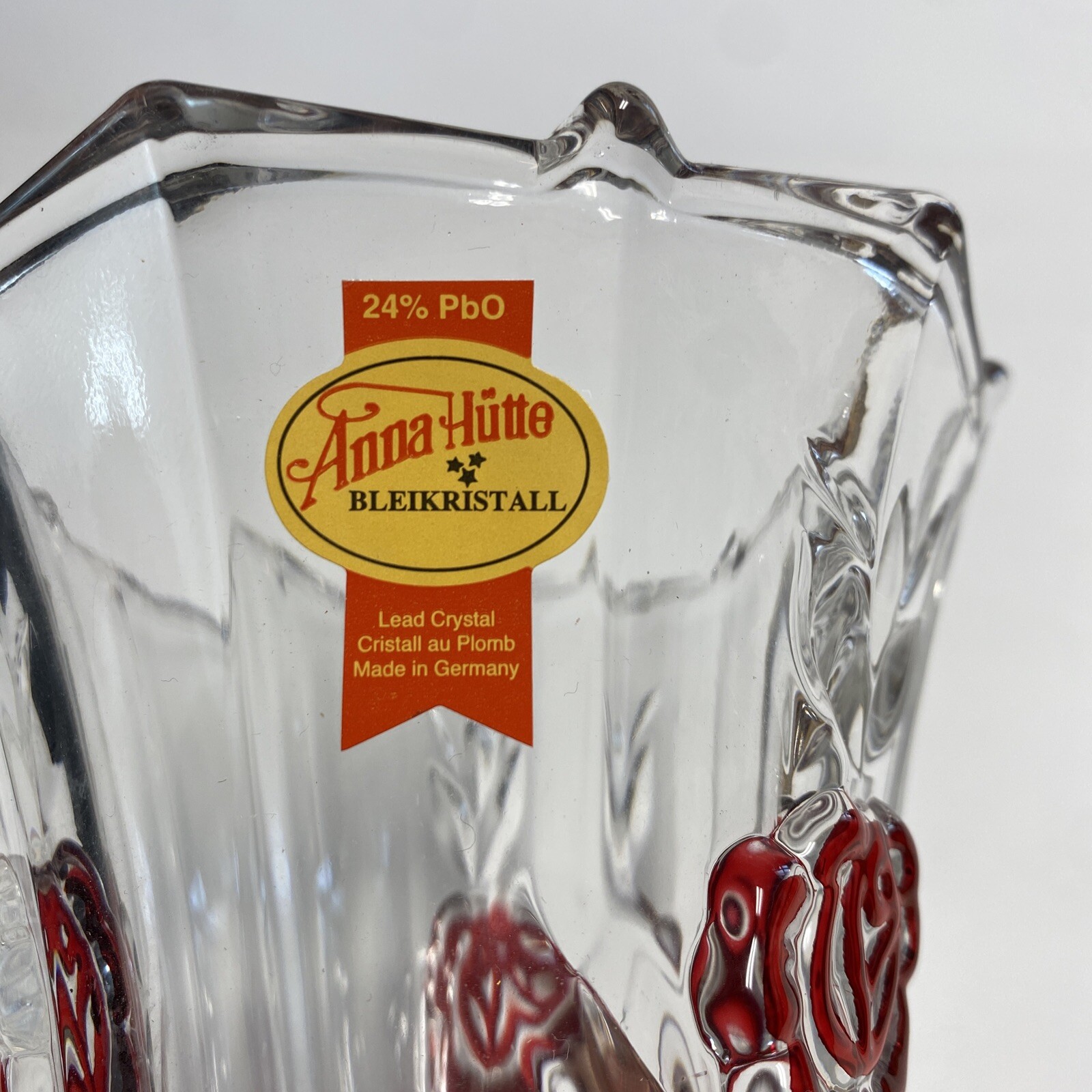 Anna Hutte Bleikristall Lead Crystal Clear /redVase 24% BPO 7.5” Made in Germany