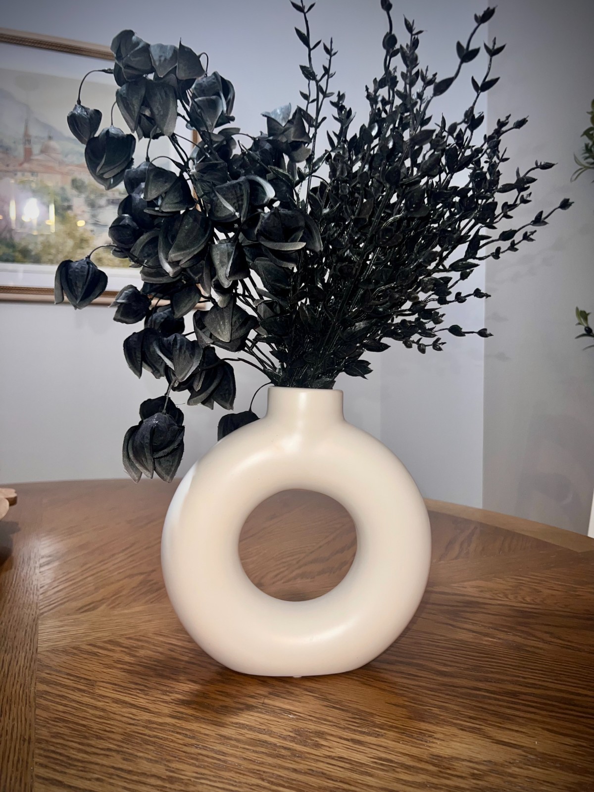 Modern White Donut Vase w/ Black Faux Floral Arrangement Minimalist Decor
