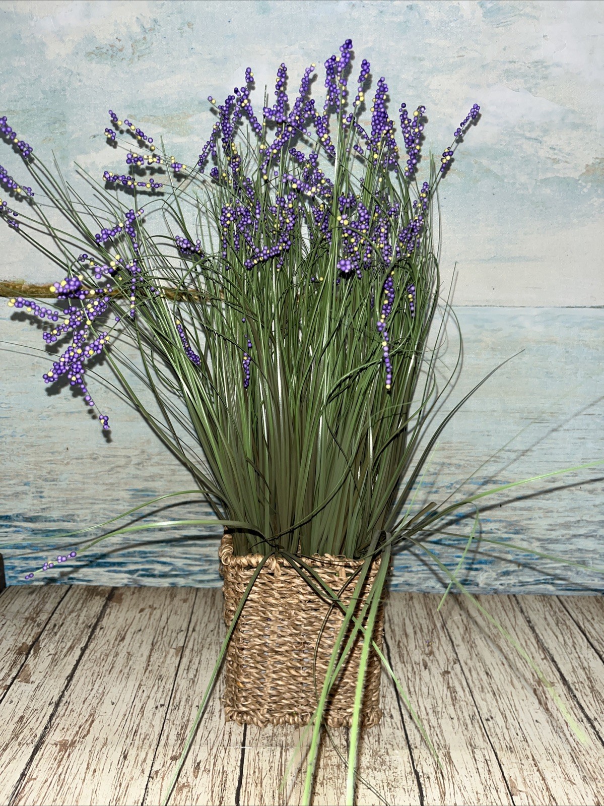 Artificial Lavender Flowers in Woven Sea Grass Basket 4”x16”